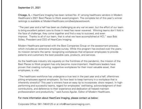 HeartCare Imaging has been ranked #41 Best Places to Work by Modern Healthcare in 2021.
